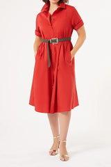 LINFA RED STRETCH COTTON SHIRT DRESS