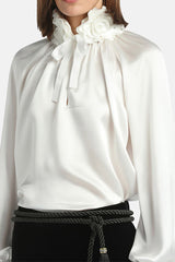 LUANAS WHITE SILK FLORAL APPLIQUÉ BLOUSE