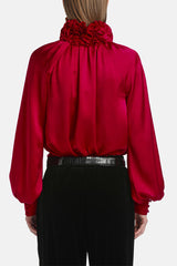 LUANAS RED SILK FLORAL APPLIQUÉ BLOUSE
