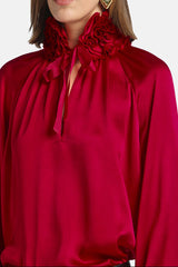 LUANAS RED SILK FLORAL APPLIQUÉ BLOUSE