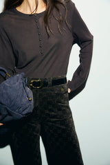 ANNA BROWN MONOGRAM FLARED VELVET JEANS
