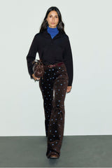 ANNA DAISY PATTERN FLARED VELVET TROUSERS