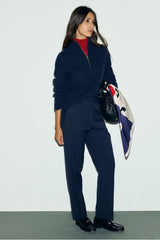 MYRA NAVY ELASTICATED BACK TIE STRAIGHT TROUSERS