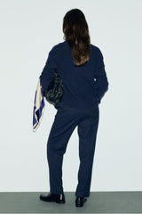 MYRA NAVY ELASTICATED BACK TIE STRAIGHT TROUSERS