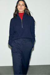 MYRA NAVY ELASTICATED BACK TIE STRAIGHT TROUSERS