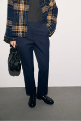 MAY NAVY ELASTICATED BACK SLIM TROUSERS
