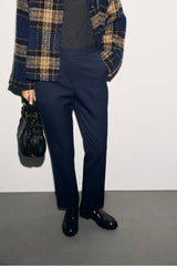 MAY NAVY ELASTICATED BACK SLIM TROUSERS