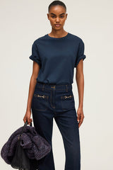 HEVA NAVY ROUND COLLAR COTTON T-SHIRT