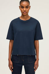 HEVA NAVY ROUND COLLAR COTTON T-SHIRT
