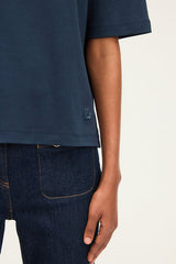HEVA NAVY ROUND COLLAR COTTON T-SHIRT