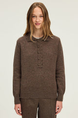 EUGENIA BROWN CROCHET STYLE POLO COLLAR WOOL SWEATER