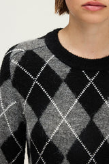 ELEANA CONTRASTING DIAMOND PATTERNS ROUND NECK SWEATER