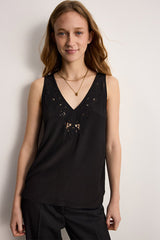 CHRISTELLE BLACK FLUID EMBROIDERY TOP