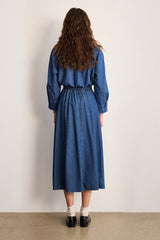 NINAE PLEATED DENIM MIDI SKIRT