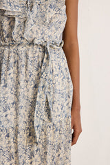 ARLENE BLUE RUFFLES LONG FLORAL DRESS