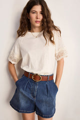 THANA WHITE EMBROIDERED SLEEVES COTTON TSHIRT