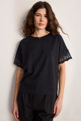 THANA BLACK EMBROIDERED SLEEVES COTTON TSHIRT