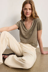 TINAEL GREEN VNECK LINEN LUREX TSHIRT