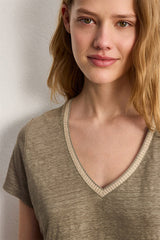 TINAEL GREEN VNECK LINEN LUREX TSHIRT