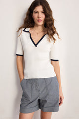 LORETTE TWO TONE RIBBED KNIT POLO SHIRT