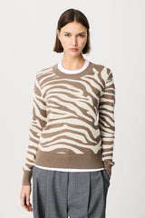 BROWN ZEBRA JACQUARD CREWNECK SWEATER