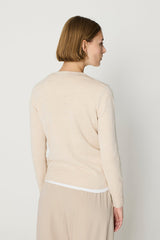 BEIGE WIDE RIBBED TRIM BASIC V-NECK SWEATER