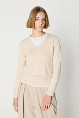 BEIGE WIDE RIBBED TRIM BASIC V-NECK SWEATER