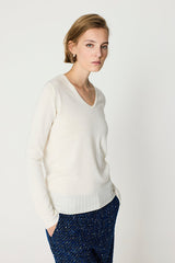 ECRU WIDE RIBBED TRIM BASIC V-NECK SWEATER