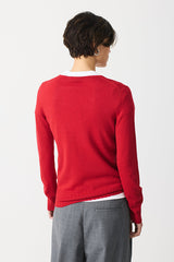 RED WIDE RIBBED TRIM BASIC V-NECK SWEATER