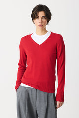 RED WIDE RIBBED TRIM BASIC V-NECK SWEATER