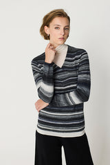 BLACK STRIPED CROSSOVER V-NECK SWEATER