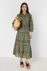 RHONIE KHAKI GREEN COTTON EMBROIDERY LONG DRESS