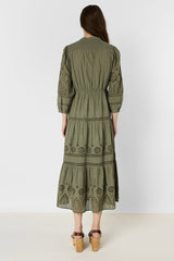 RHONIE KHAKI GREEN COTTON EMBROIDERY LONG DRESS