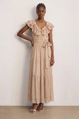 ANIA NATURAL RUFFLES STRIPED MAXI DRESS