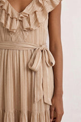 ANIA NATURAL RUFFLES STRIPED MAXI DRESS