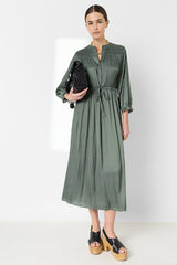 RUBIE SMOCKED SATIN MIDI DRESS