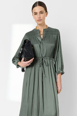 RUBIE SMOCKED SATIN MIDI DRESS