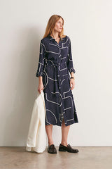 REDACTION NAVY LONG PRINTED DRESS