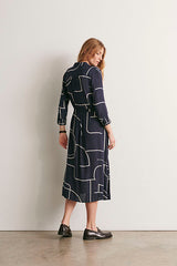 REDACTION NAVY LONG PRINTED DRESS