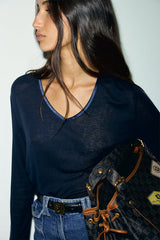 BELEN NAVY V-NECK SATIN T-SHIRT