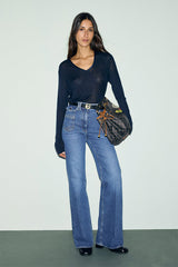 BELEN NAVY V-NECK SATIN T-SHIRT