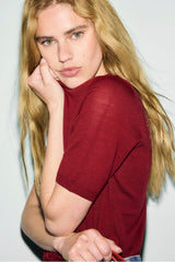 REINE RED FINE WOOL SHORT-SLEEVED SWEATER