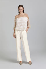 BEIGE WIDE-LEG DRAWSTRING TROUSERS