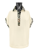 KAKI PRINTED COLLAR SHORT SLEEVE TOP