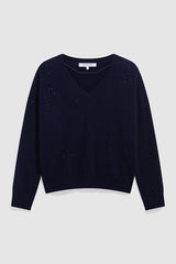 REDA BLUE RHINESTONES WOOL V-NECK SWEATER