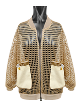 BEIGE CONTRAST UTILITY POCKETS MESH BOMBER JACKET