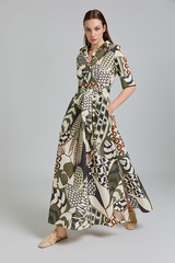 KAKI ABSTRACT PRINT BELTED MAXI DRESS