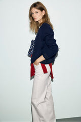 REA NAVY BOMBER-STYLE CARDIGAN
