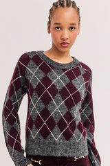 ROXANE RED CONTRASTING DIAMOND PATTERNS SWEATER