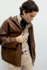 PAM BROWN DISTRESSED LEATHERHOODED JACKET